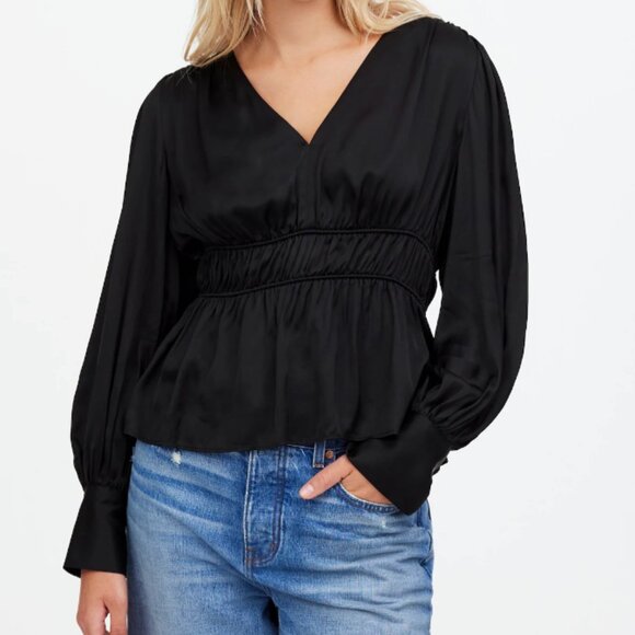 Madewell Top‎ Womens  Long-Sleeve Peplum Satin V-Neck Size 8 NEW - Picture 1 of 9